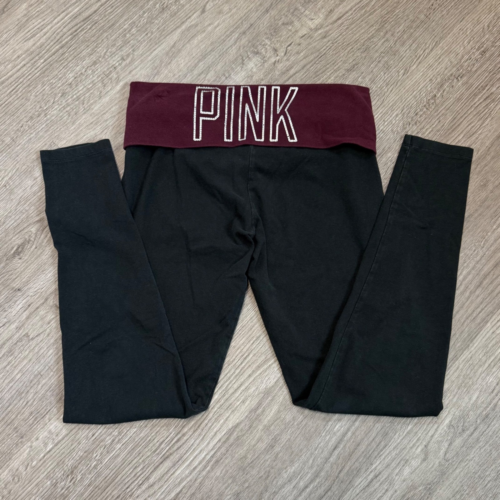 Victoria's Secret Pink Yoga Legging Small Black Maroon Rhinestone Foldover Waist